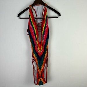 Size Large 🌈 Boho Rainbow Striped One-Piece Swimsuit reggae hippy festival vibe